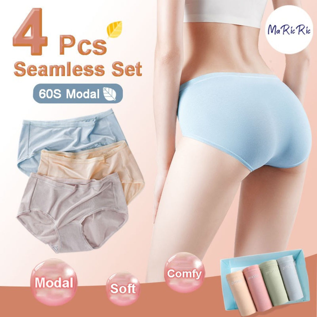 (SG InStock) Seamless Modal Antibacterial 4 Pcs Set Low Waist. (Ice Silk Panties. Underpants) - SPT01