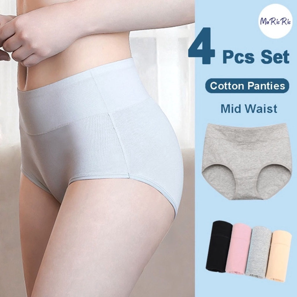 (SG InStock) 4 Pcs Set Mid-Waist Plain Cotton Panties. (Anti-Bacterial. Ladies. Girls. Underwear. Underpants) MPT09
