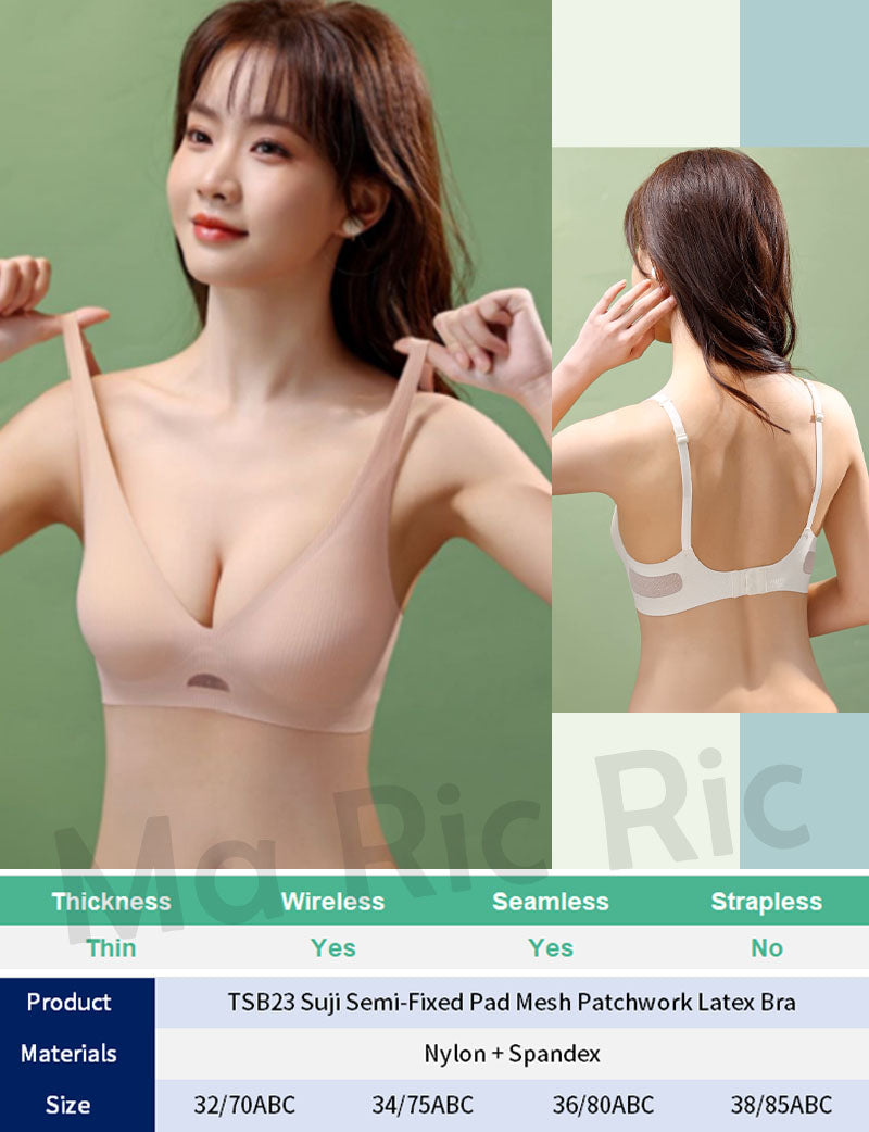 (SG InStock) Suji Semi-Fixed Pad Mesh Patchwork Latex Bra (Suji Bra. Wireless. Seamless. lingerie) - TSB23